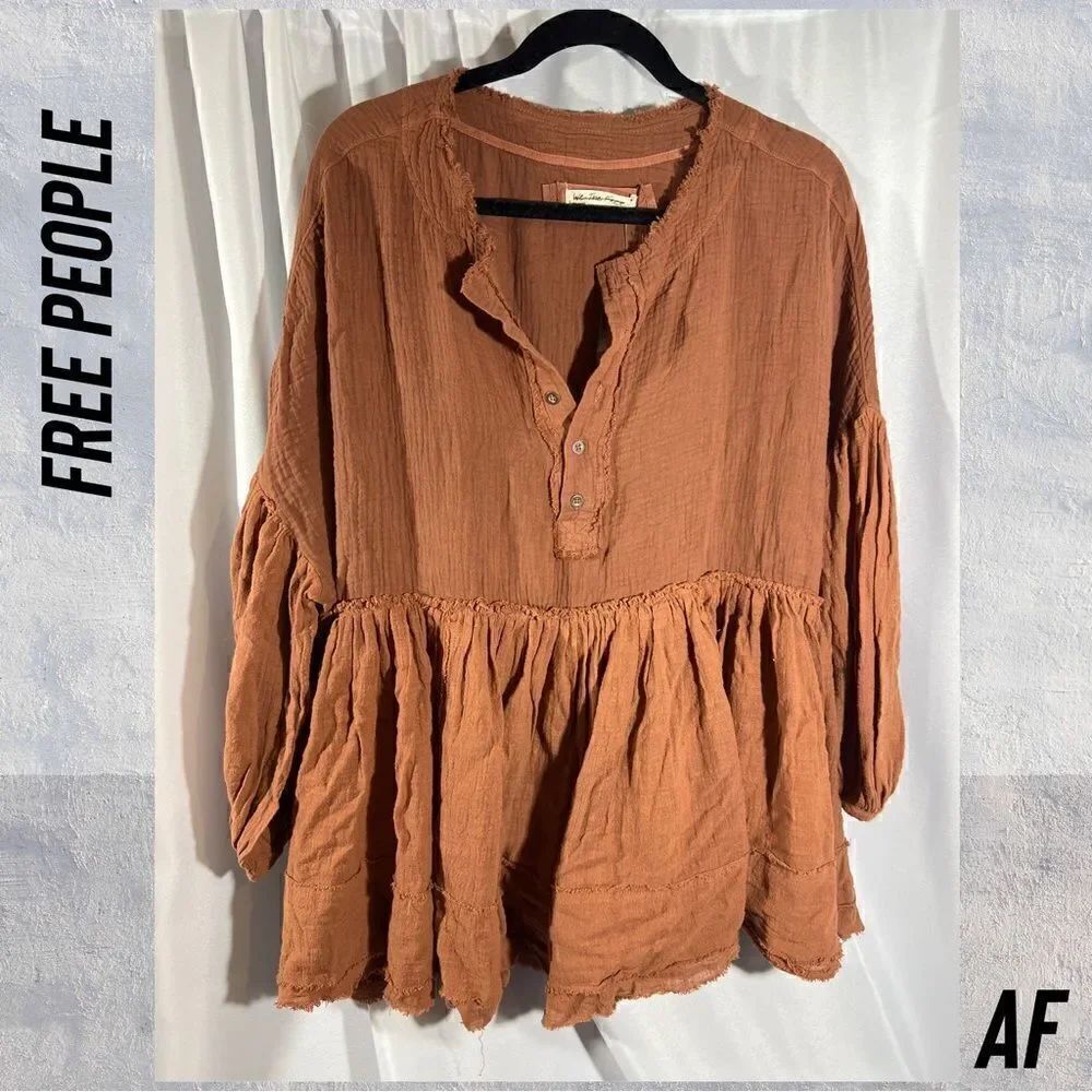 WE THE FREE RUFFLED HENLEY MINI DRESS IN CHOCOLATE NEW XS